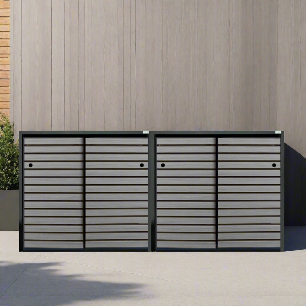 PREMIUM Holz 4er Mülltonnenbox mit Schiebetüren 120 Liter RAL 7016 Lärche - Vergrauungslasur Silber