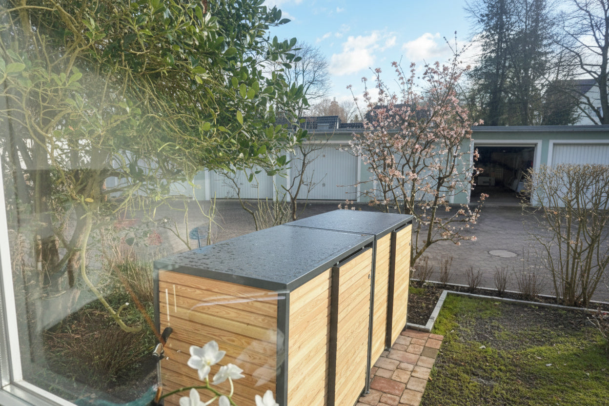 PREMIUM Holz 4er Mülltonnenbox mit Schiebetüren