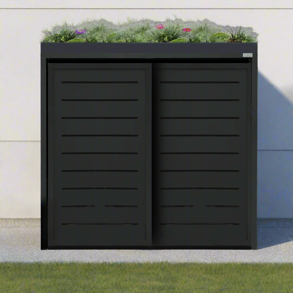PREMIUM Metall 2er Mülltonnenbox mit Schiebetüren Pflanzdach RAL 9006
