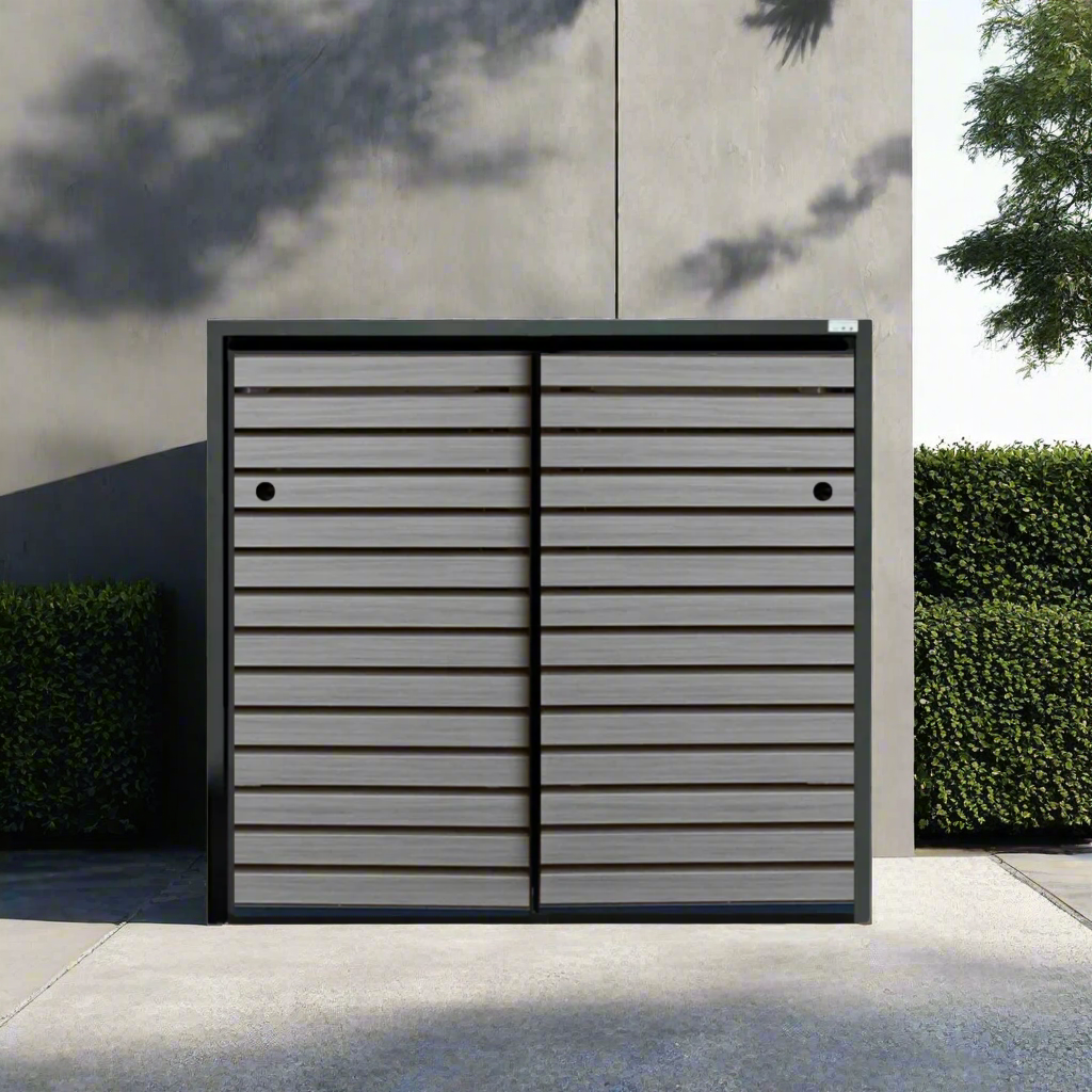 PREMIUM Holz 2er Mülltonnenbox mit Schiebetüren RAL 7016 Lärche Vergrauungslasur Silber