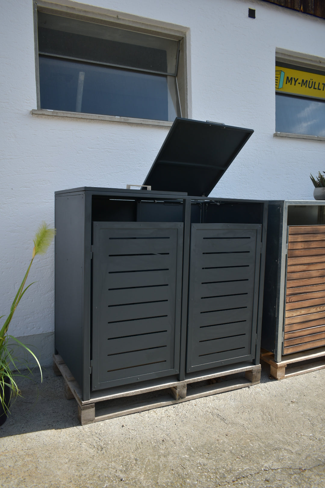 LAGER - PREMIUM Metall 2er Mülltonnenbox mit Klappdach 240 Liter RAL 7016