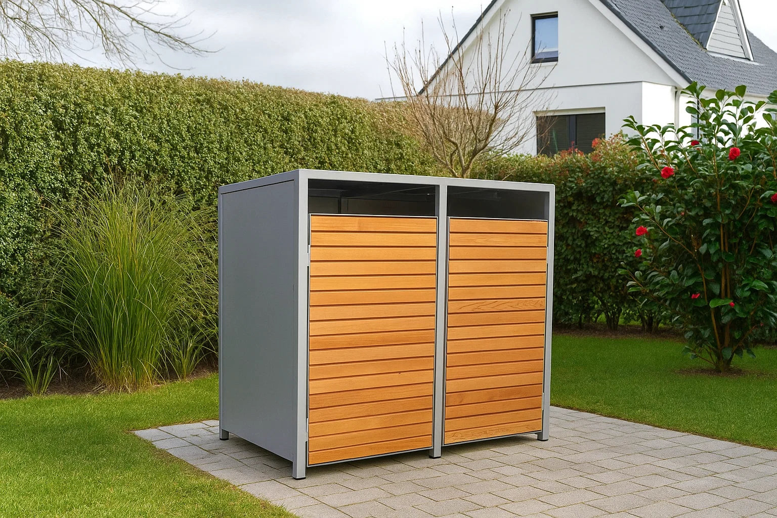 mülltonnen aufbewahrung holz PREMIUM Holz 2er Mülltonnenbox mit Holztüren – My Muelltonne