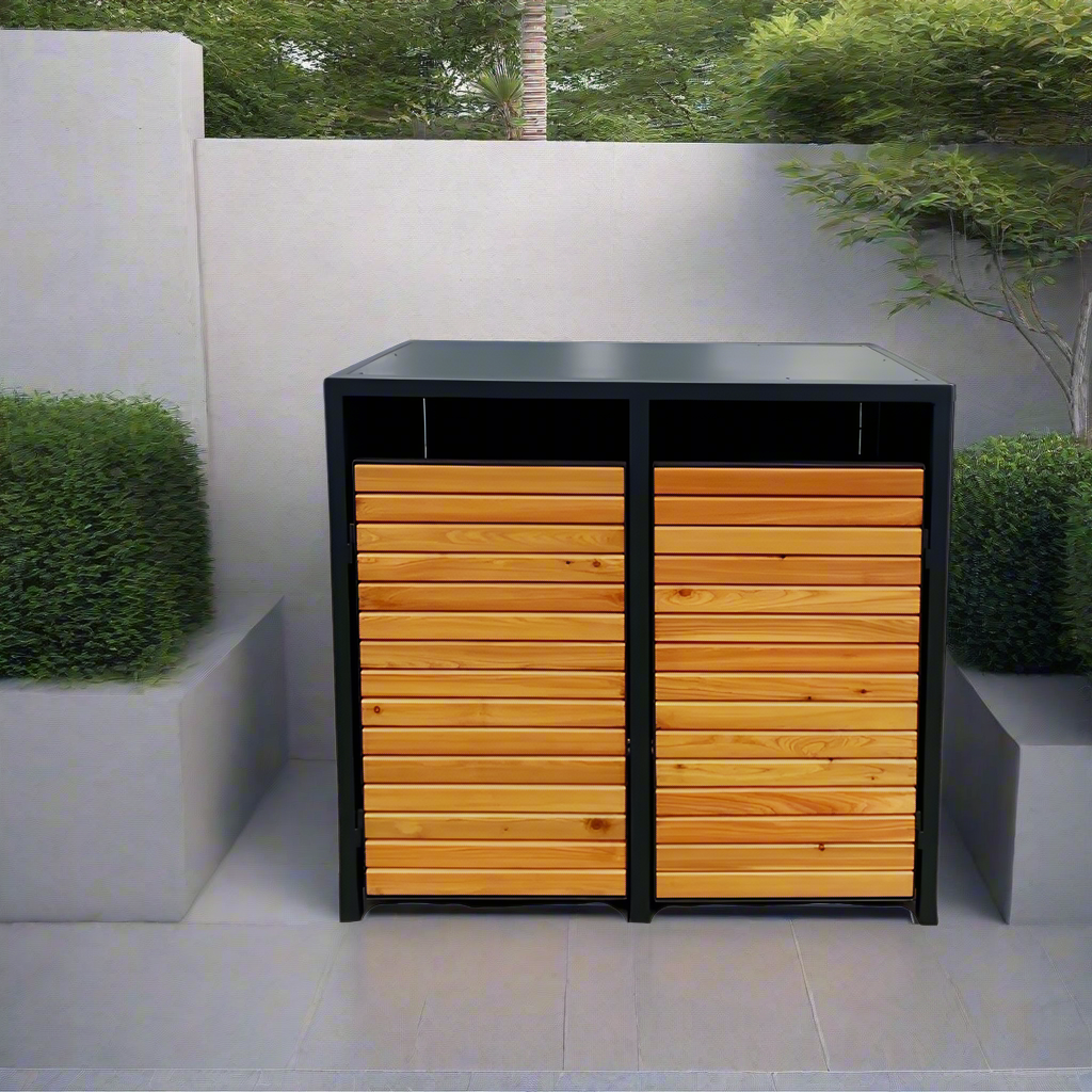 PREMIUM Holz 2er Mülltonnenbox mit Holztüren