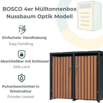 Κουτί σκουπιδιών BOSCO με εμφάνιση καρυδιάς, μοντέλο 4 τεμαχίων