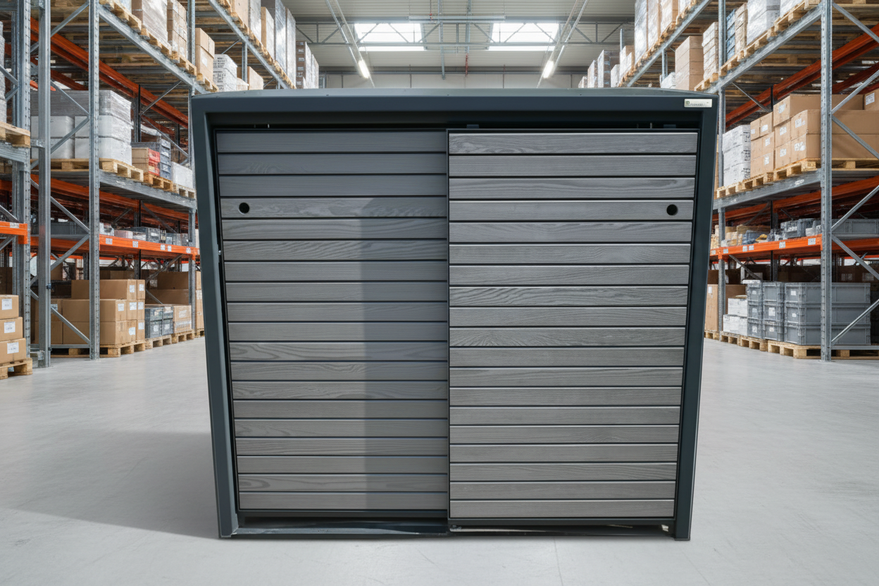 LAGER - PREMIUM Holz 2er Mülltonnenbox mit Schiebetüren 240 Liter RAL 7016 Lärche Vergrauungslasur Silber