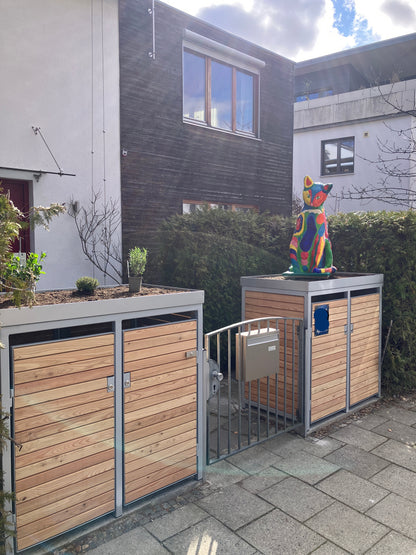 PREMIUM Holz 4er Mülltonnenbox mit Pflanzdach 240 Liter RAL 9006 Lärche