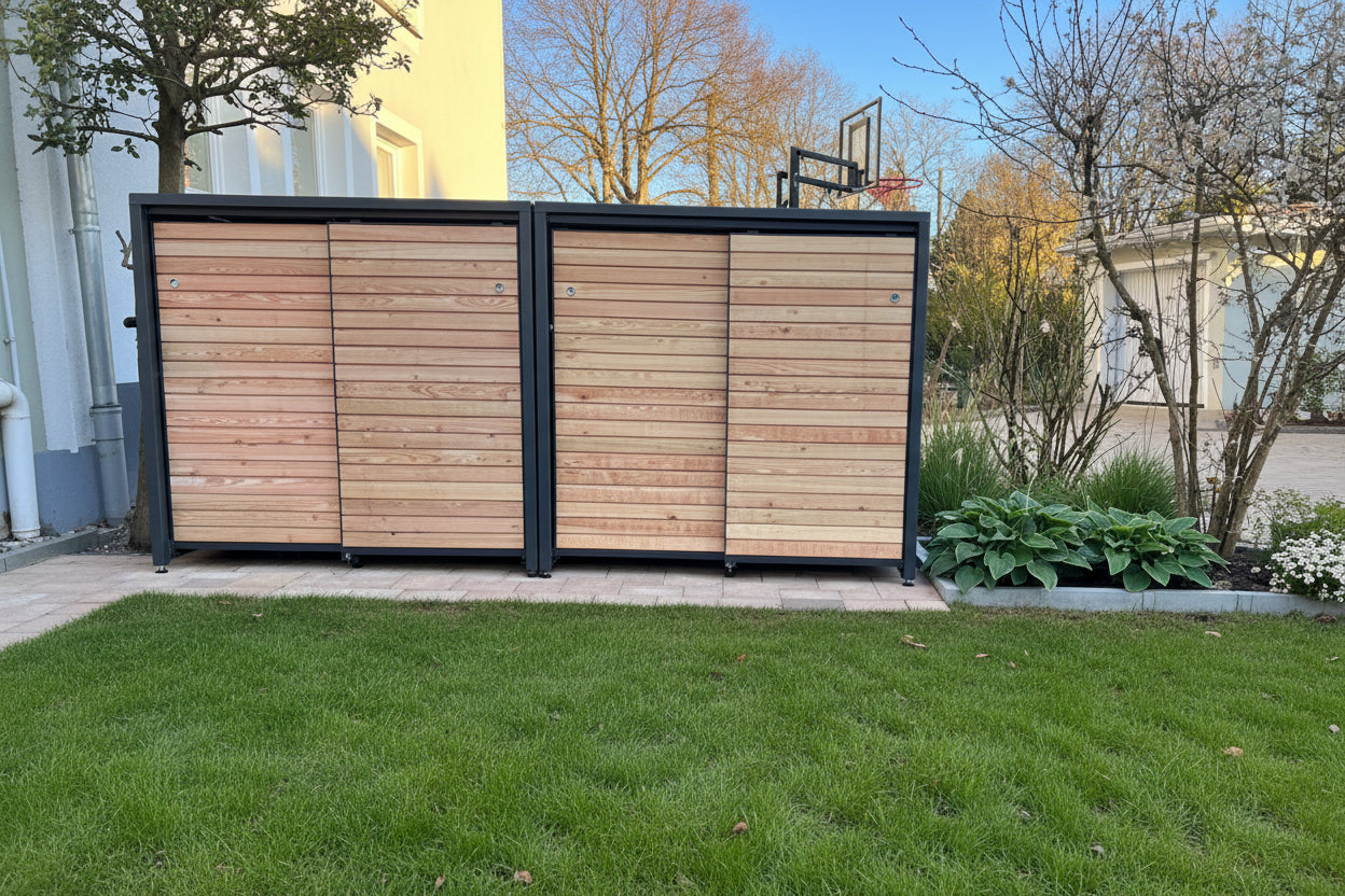mülltonnen aufbewahrung holz PREMIUM Holz 4er Mülltonnenbox mit Schiebetüren – My Muelltonne