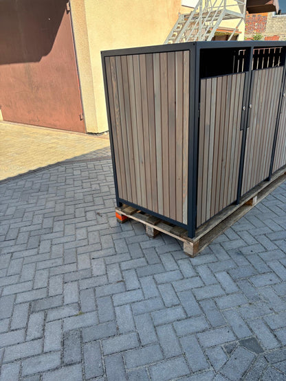 PREMIUM Holz 3er Mülltonnenbox Sand Stone - Zaunintegration