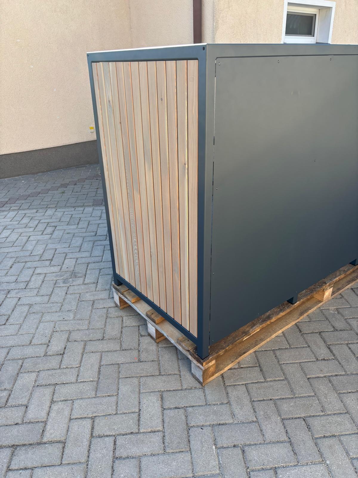 PREMIUM Holz 3er Mülltonnenbox Sand Stone - Zaunintegration