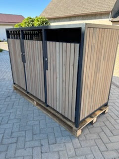 PREMIUM Holz 3er Mülltonnenbox Sand Stone - Zaunintegration