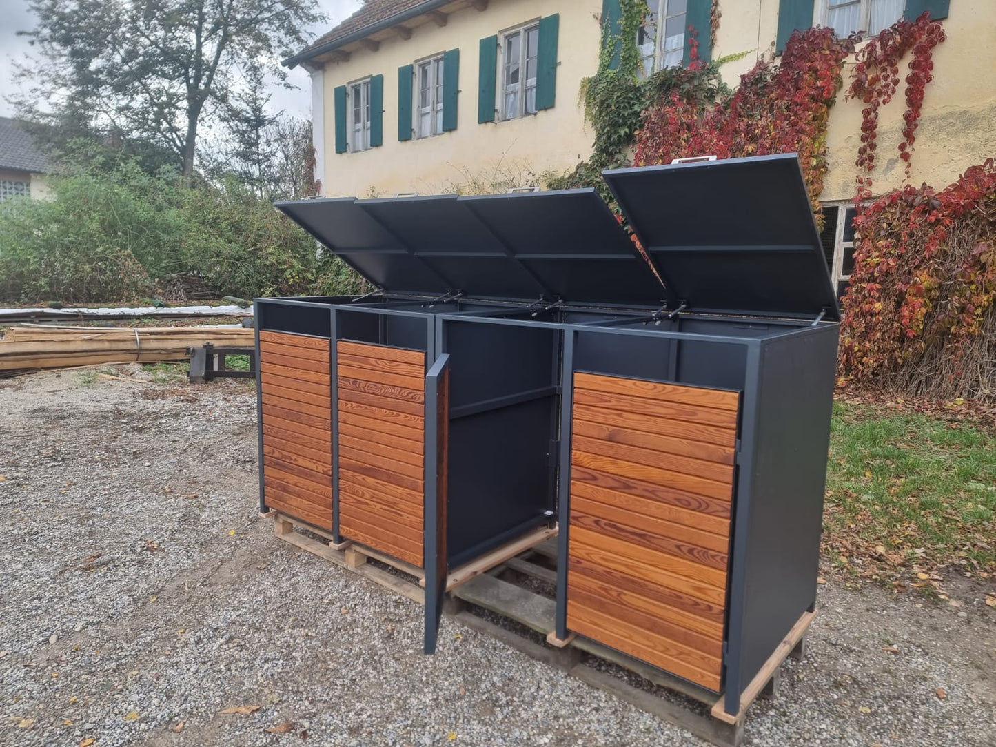 PREMIUM Holz Mülltonnenbox 4er mit Klappdach