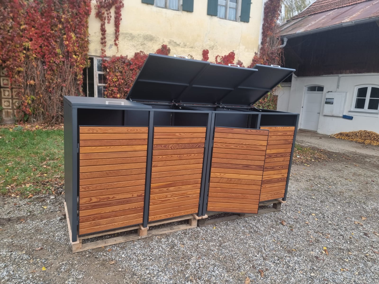 mülltonnen aufbewahrung holz PREMIUM Holz 4er Mülltonnenbox mit Klappdach – My Muelltonne