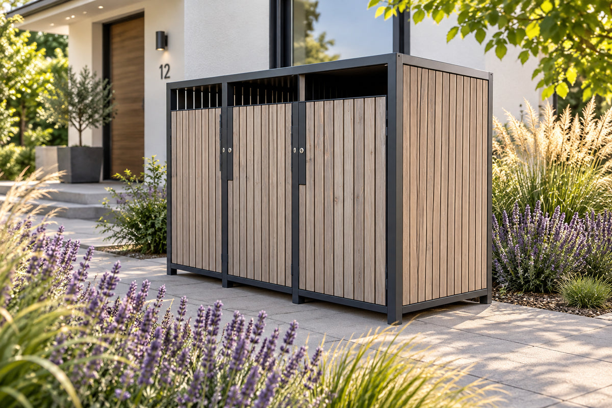 Premium Mülltonnenbox Holz Lärche Sandstein Lasur 