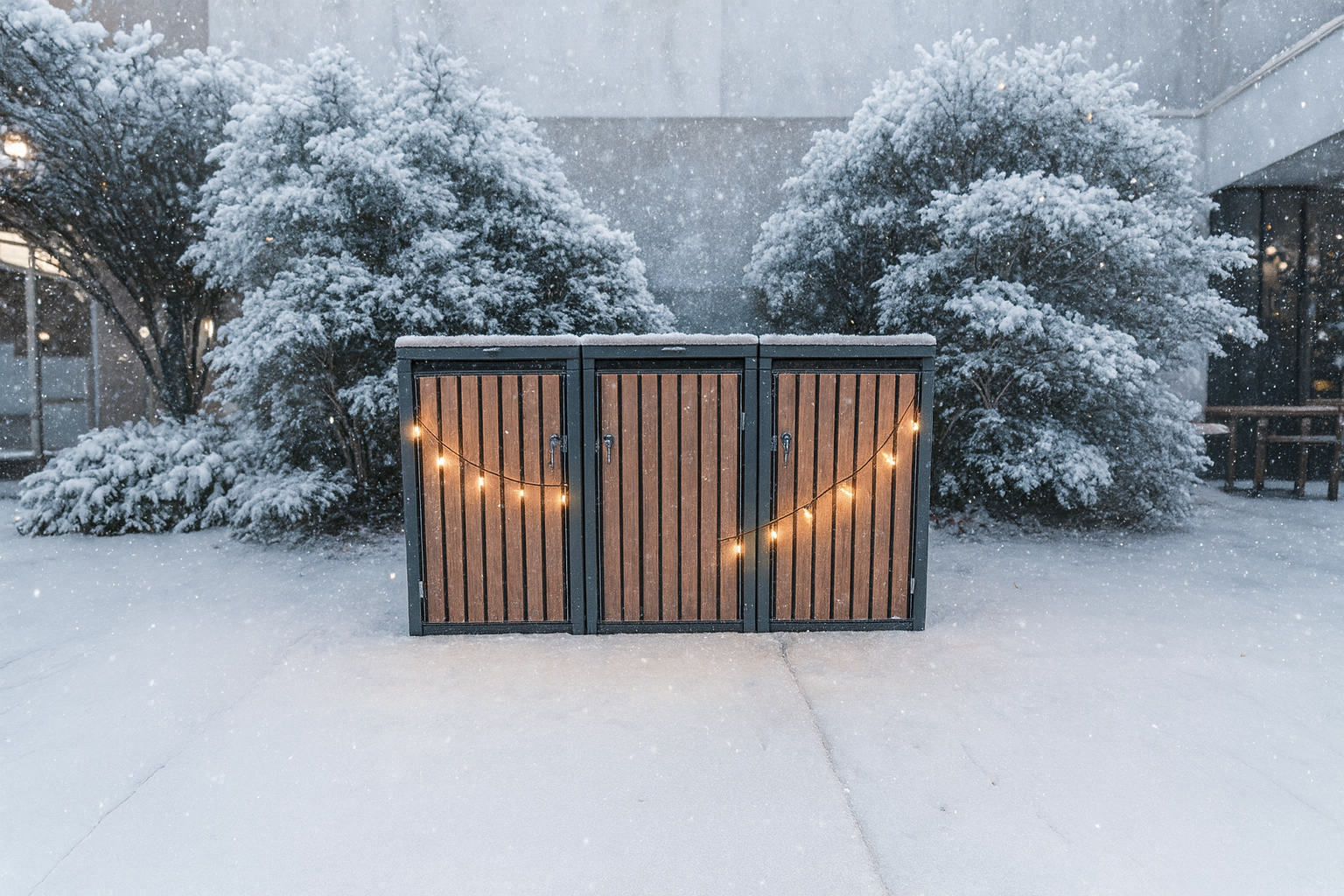 Winterliche Mülltonnenbox mit Holzoptik und Schnee und warmen Lichterketten - Teil der Aktion für vormontierte Lieferung im Winter.