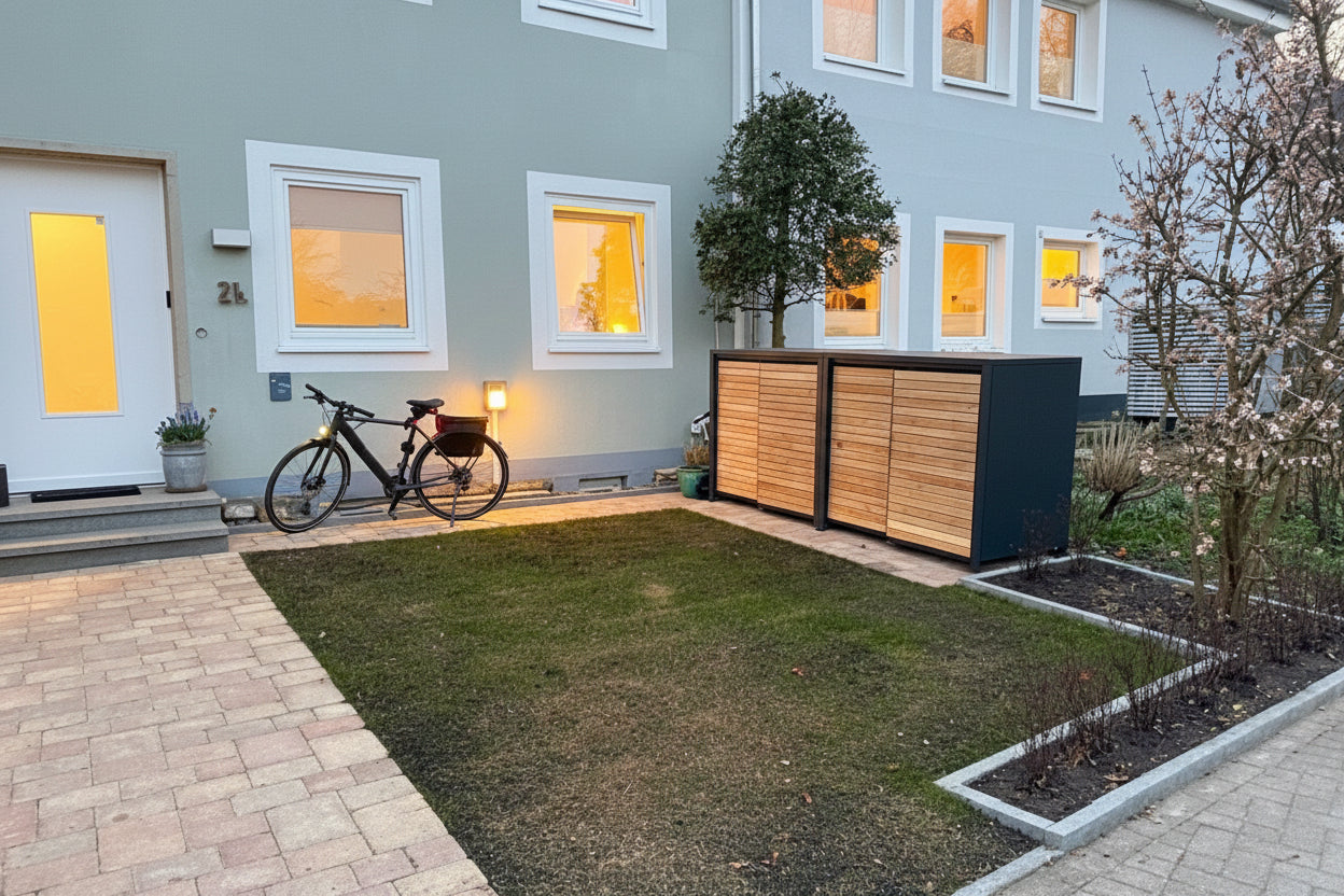 PREMIUM Holz 4er Mülltonnenbox mit Schiebetüren