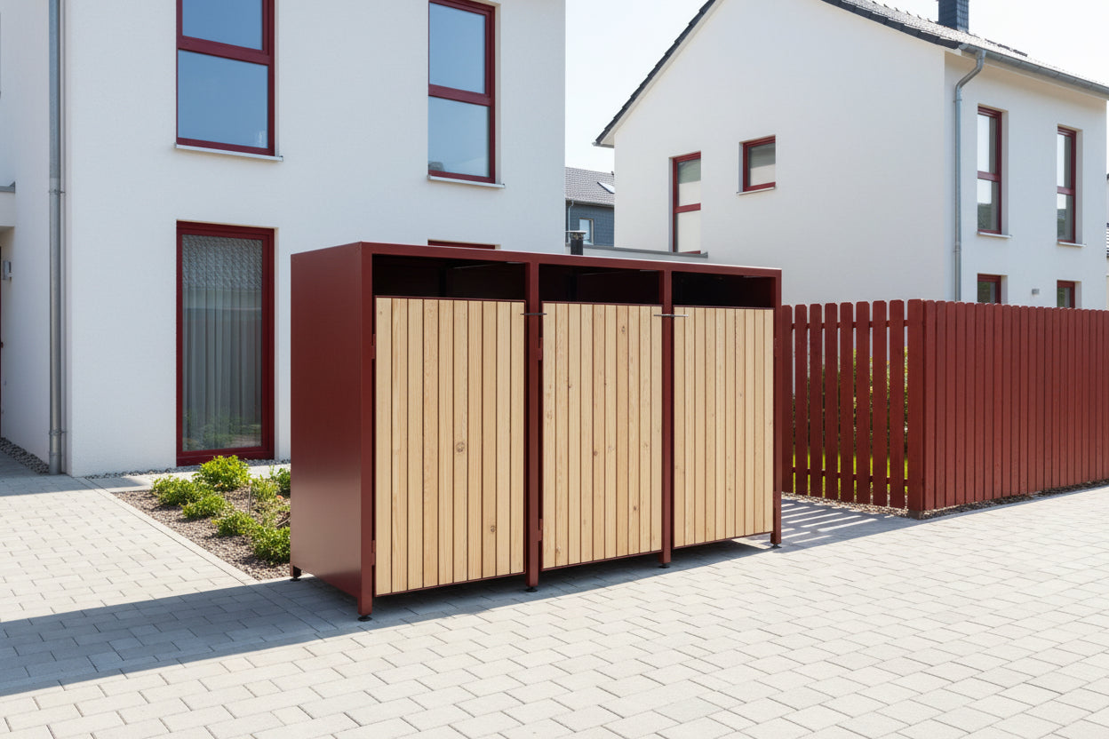 3er Mülltonnenbox Premium Holz NATURA Sonderfarbe und senkrechte Belattung. 