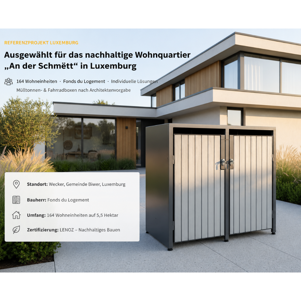 Projekt an der Schmëtt Wecker, Mülltonnenboxen, Fahrradgaragen, Architektur