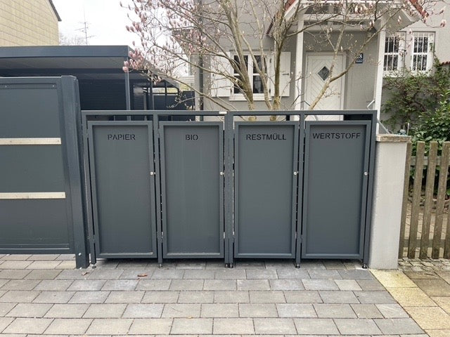 Premium DESIGN – Mülltonnenbox als Zaunelement (Durchgangssystem) RAL 7016 4 Mülltonnen