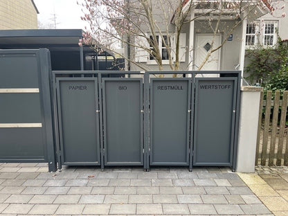 Premium DESIGN – Mülltonnenbox als Zaunelement (Durchgangssystem) RAL 7016 4 Mülltonnen
