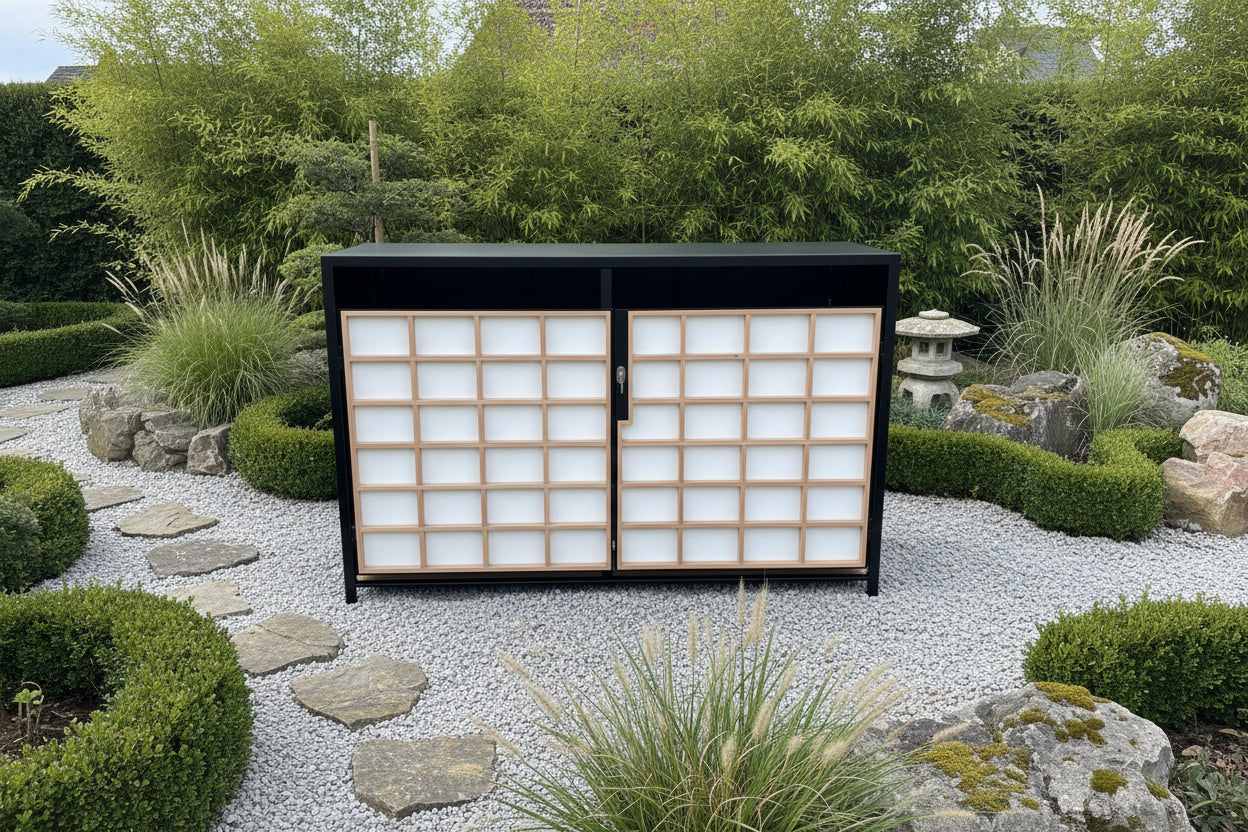 VELOX TEAHOUSE Fahrradgarage im japanischen Teehaus-Stil mit Shoji-Optik, schwarzem Stahlrahmen und hochwertiger Lärchenholzfront
