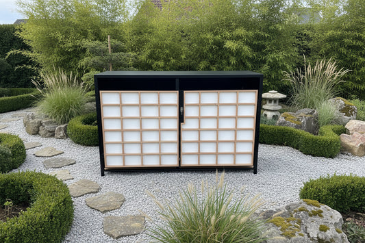 VELOX TEAHOUSE Fahrradgarage im japanischen Teehaus-Stil mit Shoji-Optik, schwarzem Stahlrahmen und hochwertiger Lärchenholzfront