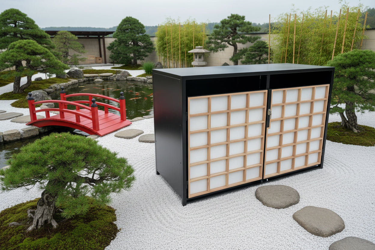 Exklusive Fahrradgarage im japanischen Teehaus-Stil mit massiver Lärchenholz-Sprossenfront und pulverbeschichtetem Stahlrahmen