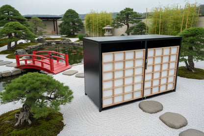 Exklusive Fahrradgarage im japanischen Teehaus-Stil mit massiver Lärchenholz-Sprossenfront und pulverbeschichtetem Stahlrahmen