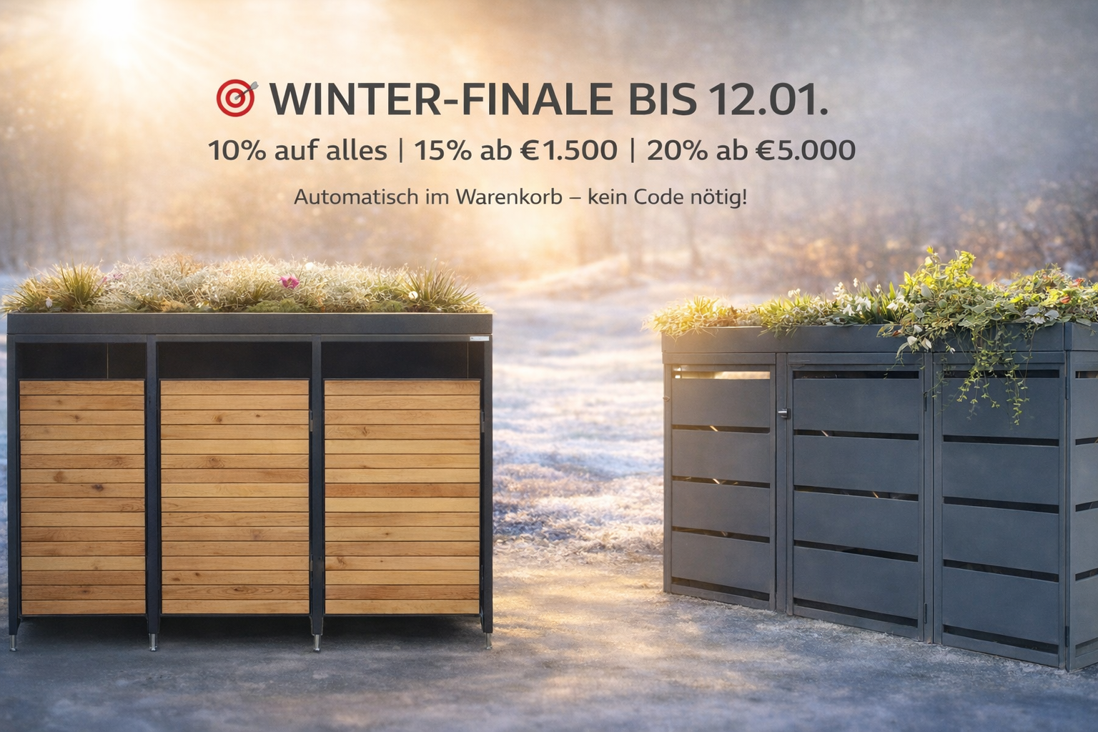 Mülltonnenbox mit Pflanzdach im winterlich-sonnigen Garten – Winter-Finale mit bis zu 20 % Rabatt