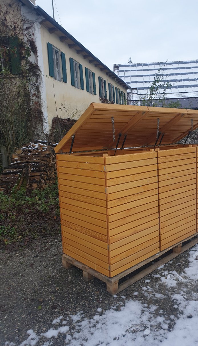<tc>Cache-poubelle PREMIUM en bois noble pour 2 bacs avec toit pliant</tc>