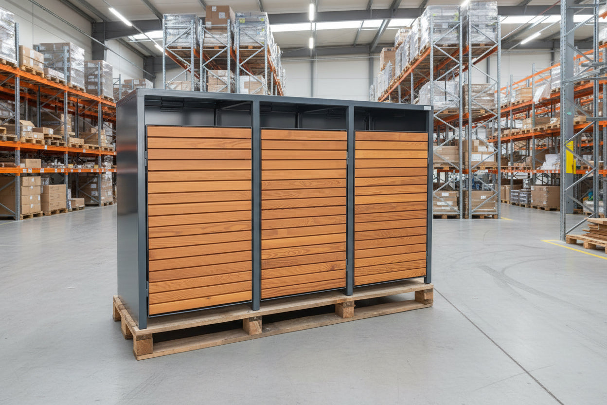 LAGER - PREMIUM Holz 3er Mülltonnenbox mit Holztüren RAL 7016 Lärche