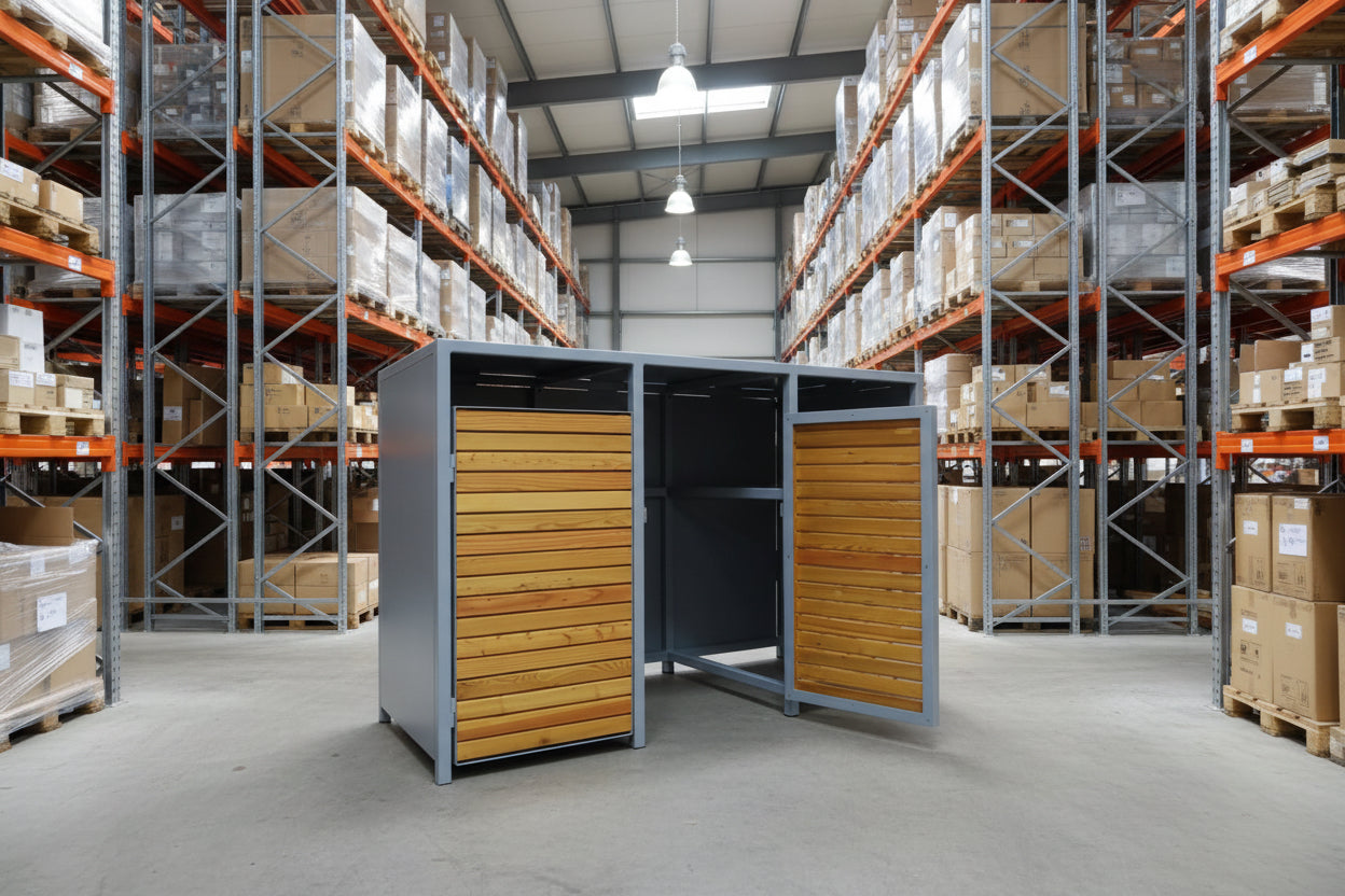 LAGER - PREMIUM Holz 3er Mülltonnenbox mit Holztüren