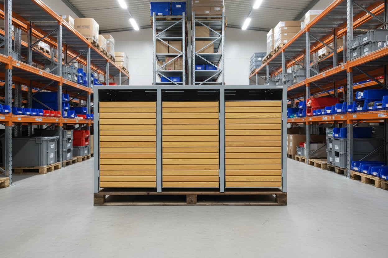 LAGER - PREMIUM Holz 3er Mülltonnenbox mit Holztüren