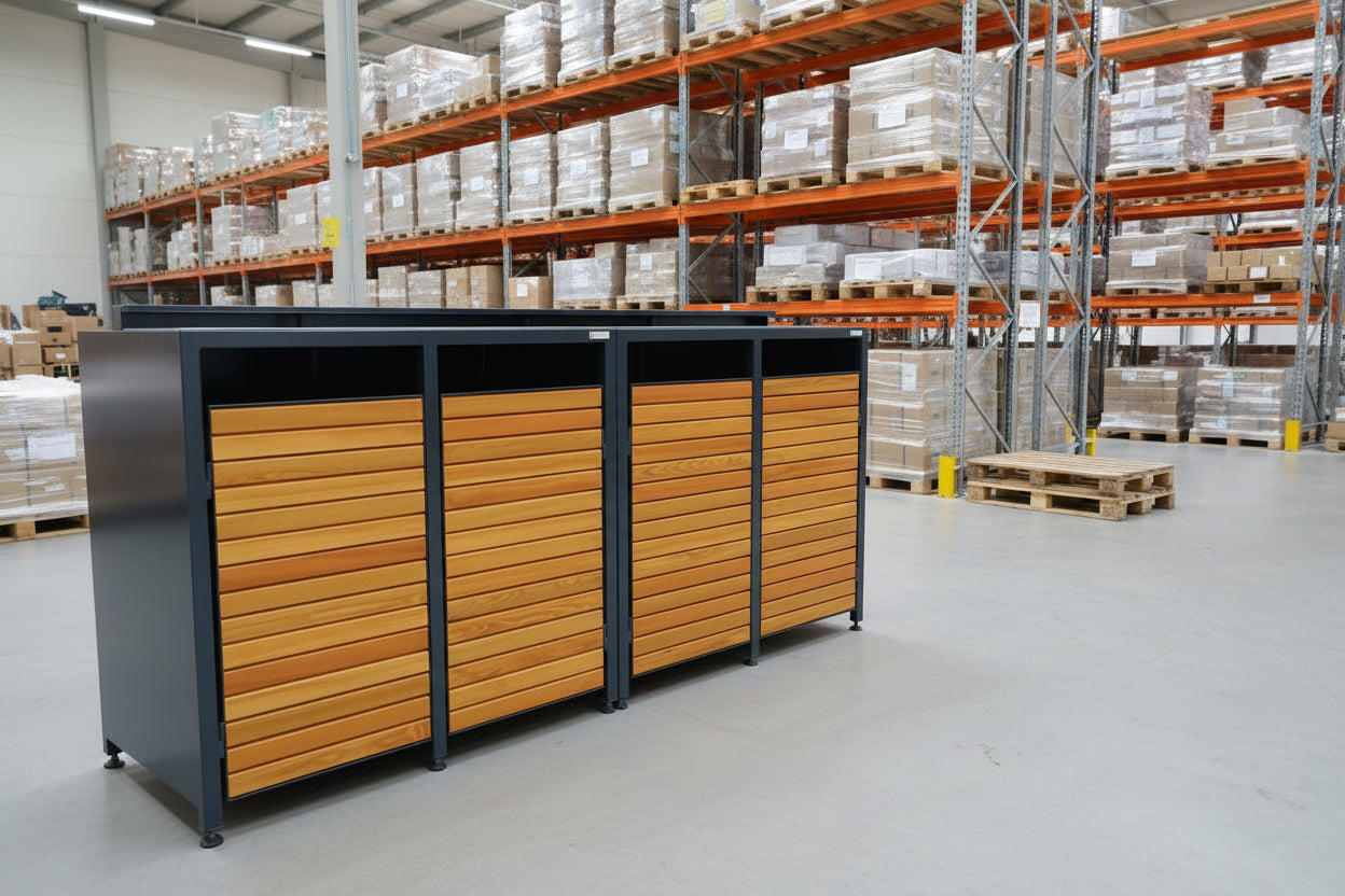 LAGER - PREMIUM Holz 4er Mülltonnenbox mit Pflanzdach 240 Liter RAL 7016 Lärche