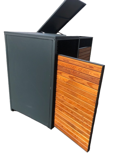 <tc>PREMIUM wooden garbage bin box with folding roof for 3 bins</tc>