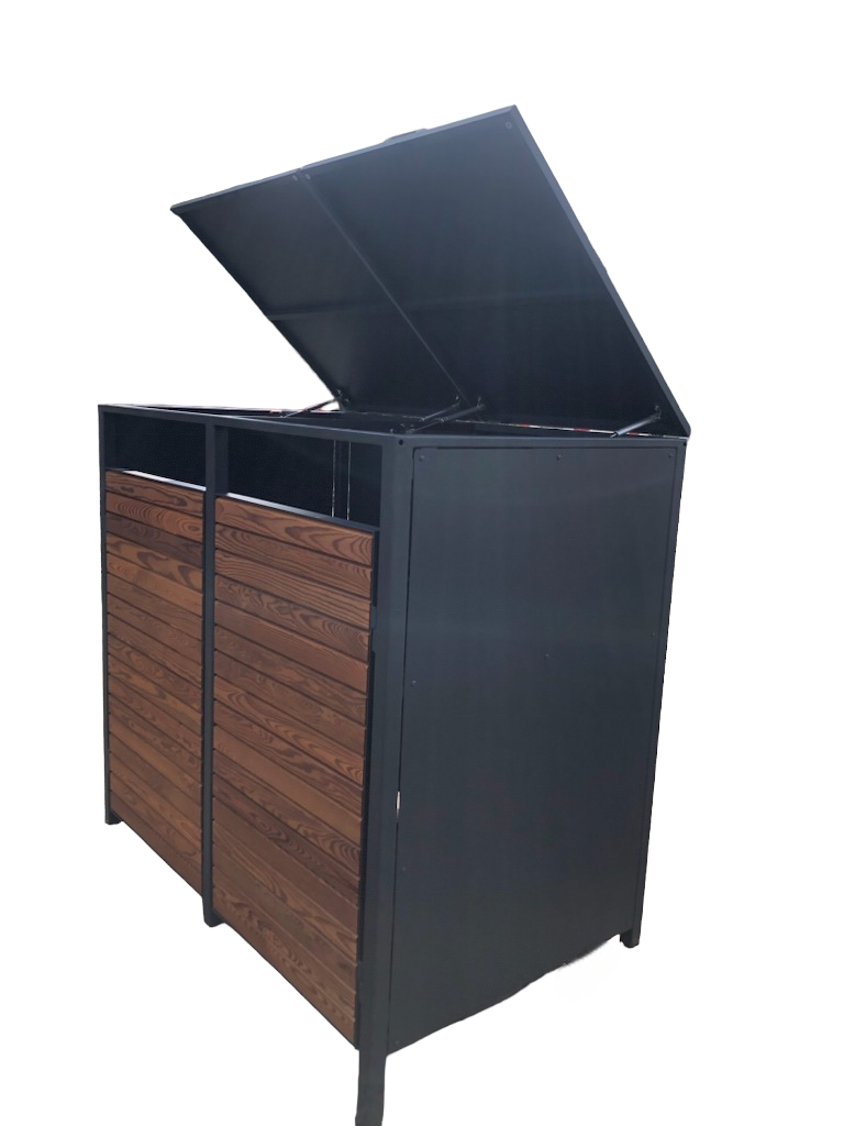 <tc>PREMIUM wooden garbage bin box with folding roof for 3 bins</tc>