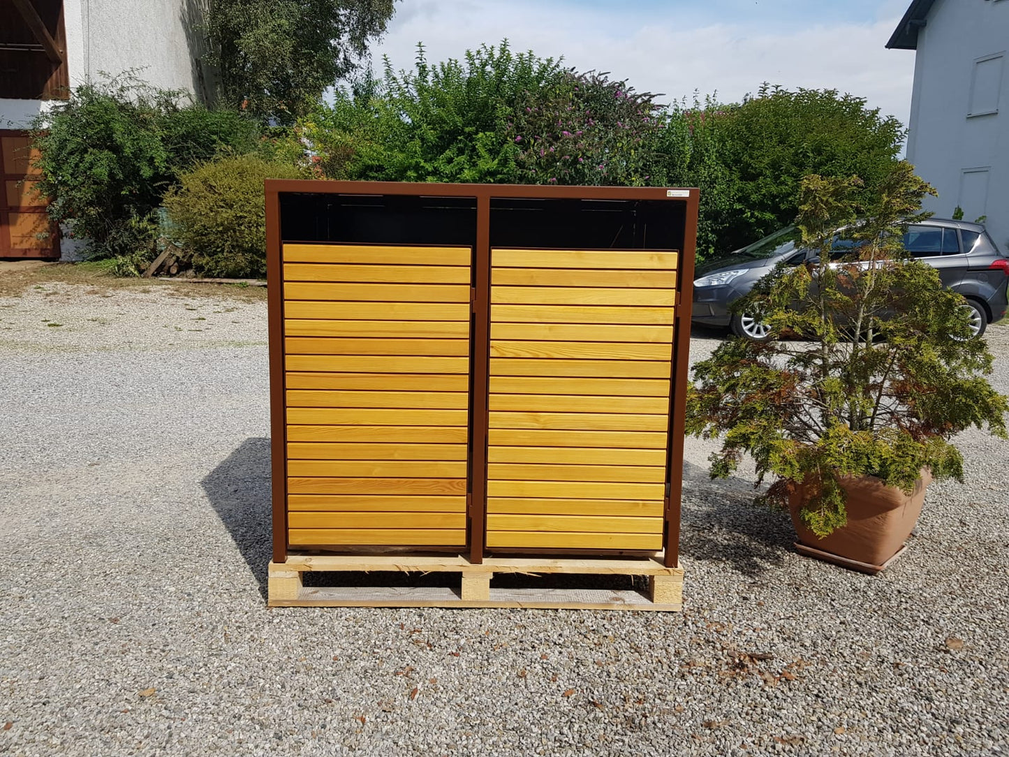 PREMIUM Holz 2er Mülltonnenbox mit Holztüren