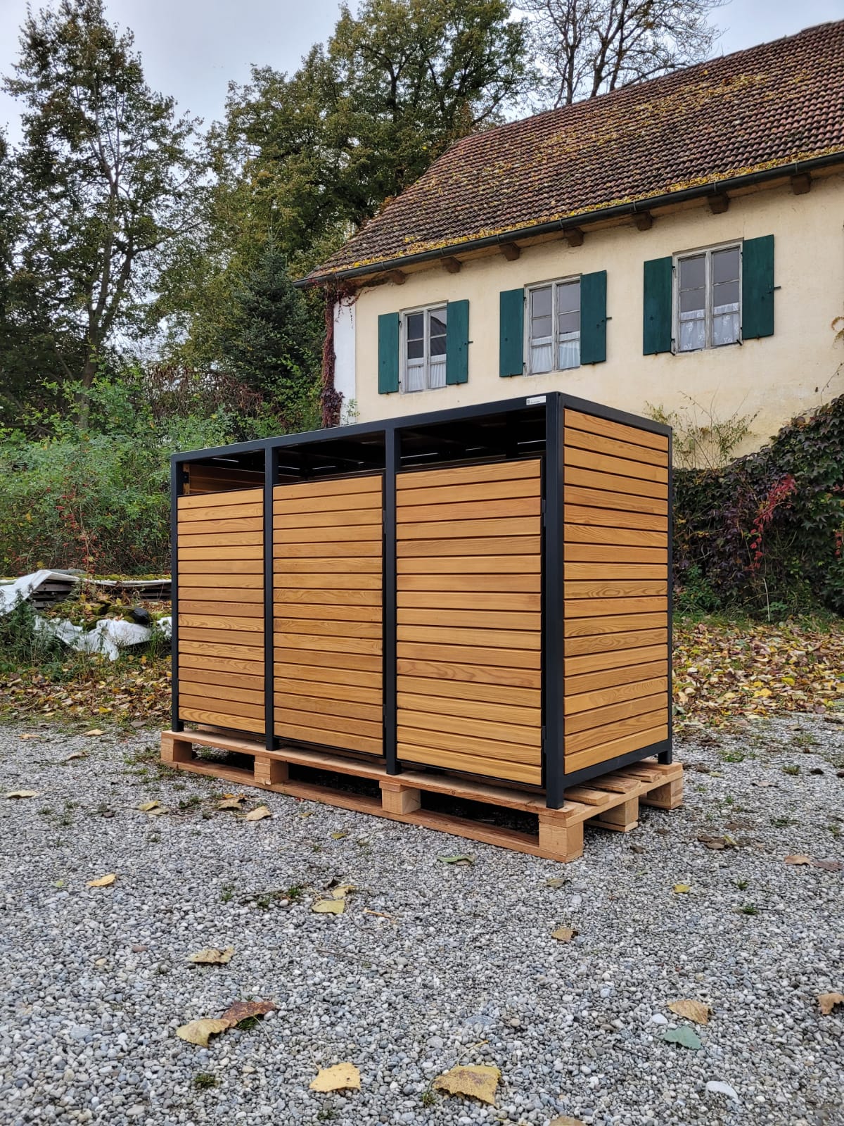 PREMIUM Holz 3er Mülltonnenbox mit Korpus in Rhombus