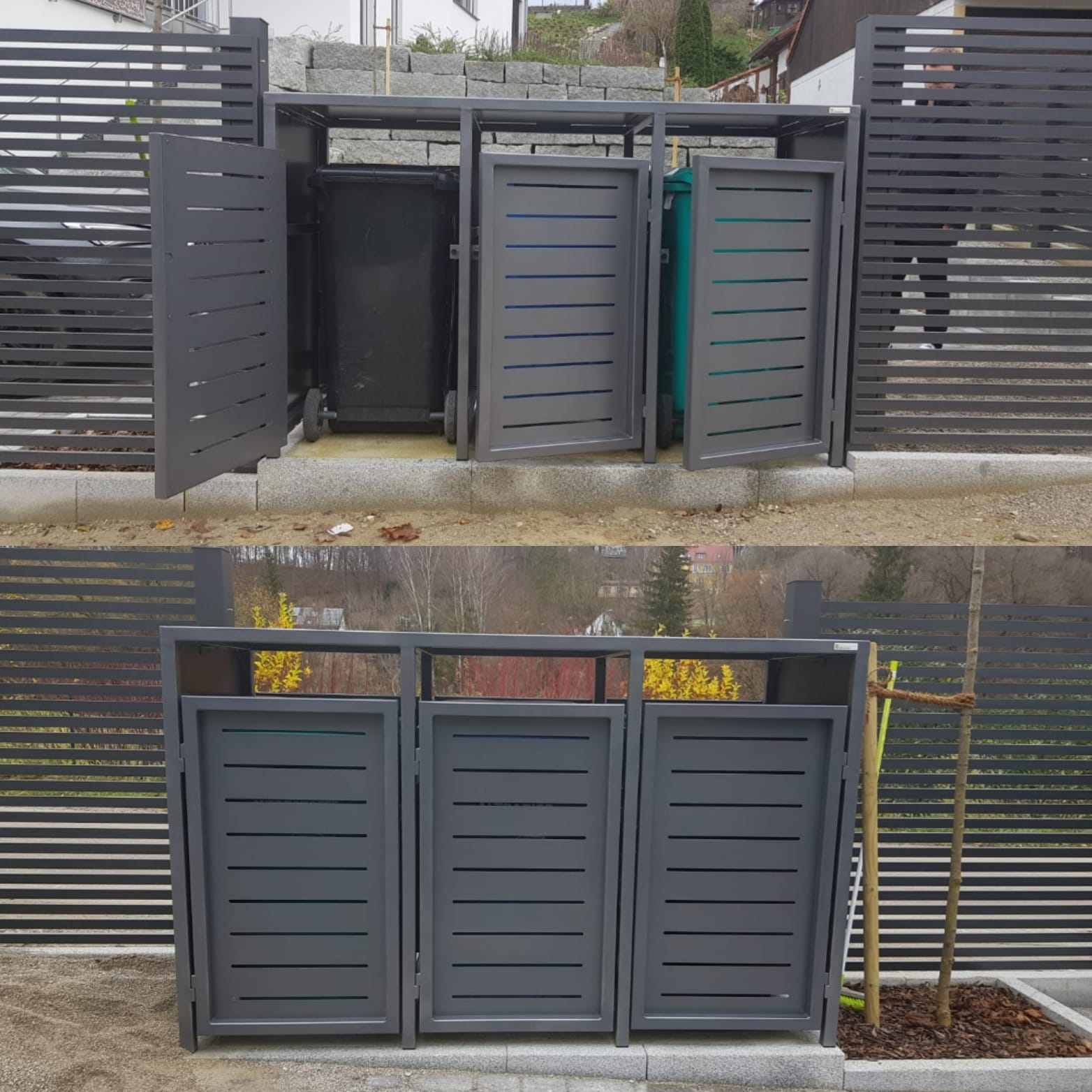 Pulverbeschichtete Mülltonnenbox, Mülltonnenbox Pulverbeschichtet mit Doppeltüre , 3-240 Mülltonnenbox mit Durchgangstüre
