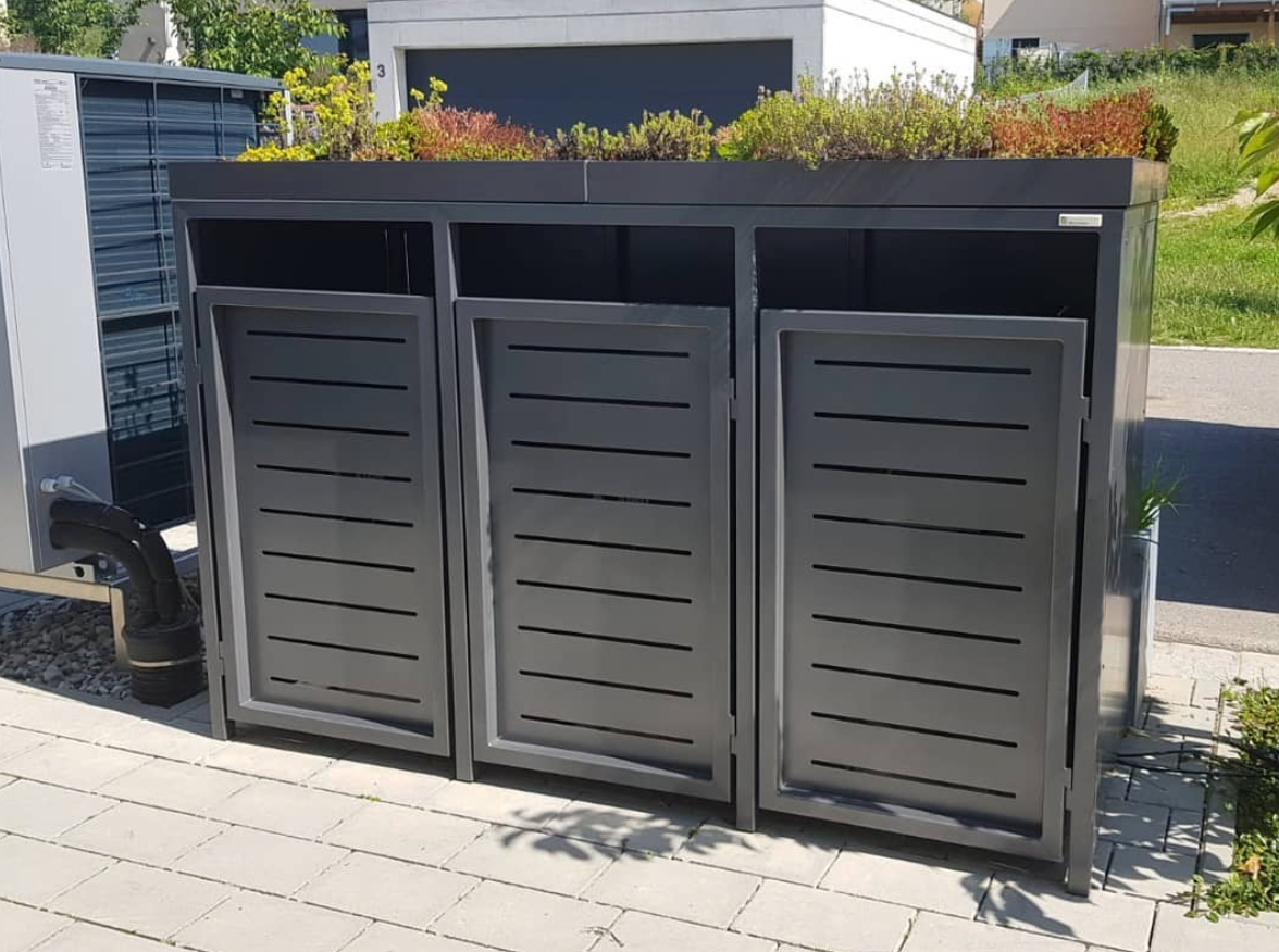 Metall Mülltonnenbox mit Pflanzdach , 3-240 Mülltonnenbox  Metall mit Pflanzwanne , Mülltonnenverkleidung aus Metall,Mülltonnenbox Metall